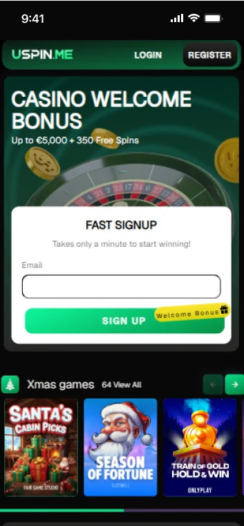 Page d'accueil mobile d'Uspin Casino : bandeau « Casino Welcome Bonus — Up to €5,000 + 350 Free Spins », formulaire d'inscription rapide et rayon de jeux (capture de l'interface en anglais, campagne de décembre 2025)